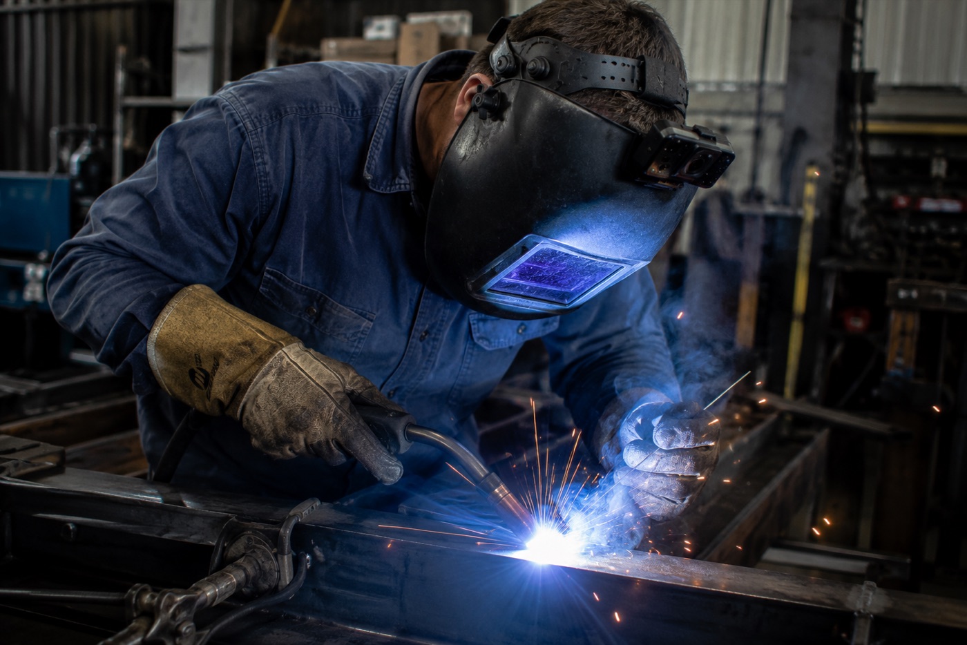 Welder recording an arc weld with a head-mounted camera